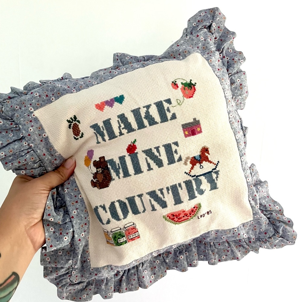 Vintage 80’s country cross stitch embroidered accent pillow